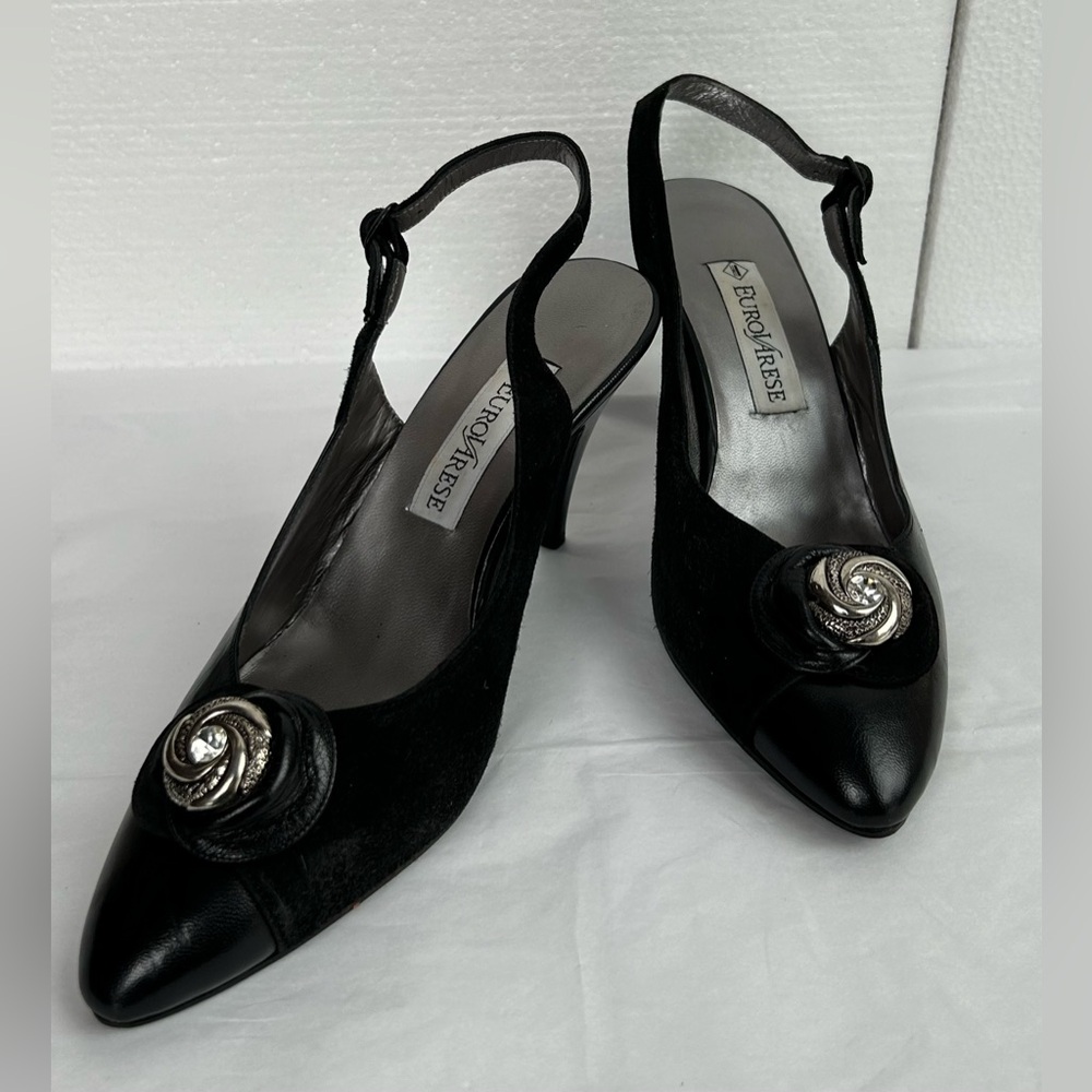 Vintage Euro Varese Leather Black Slingback Pump Heels w/ Crystal Leather Flower